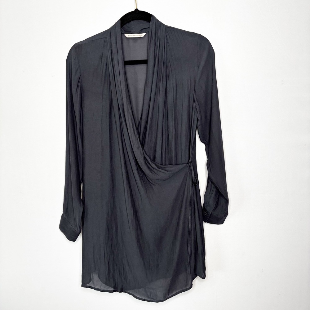 Soft Surroundings Silk‎ Charcoal Gray Wrap Tunic Blouse Sheer Back Size M
